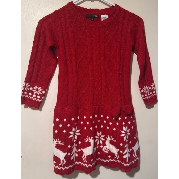 2 Hip Other - 2-Hip Kids Red Cable Knit Reindeer Snowflake Christmas Sweater Dress Size 6